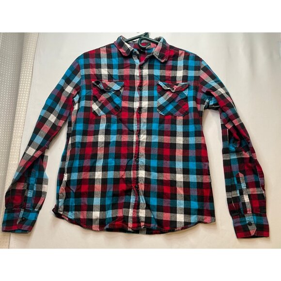 BDG shirt mens medium button long sleeve plaid checkered red blue - Picture 1 of 10
